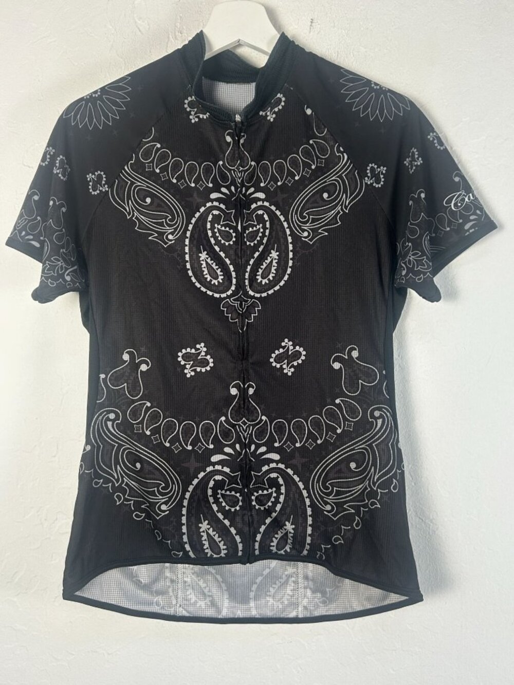 Womens Black Bandana Paisley Print Cycling Jersey Short Sleeves Zip Front Pocket